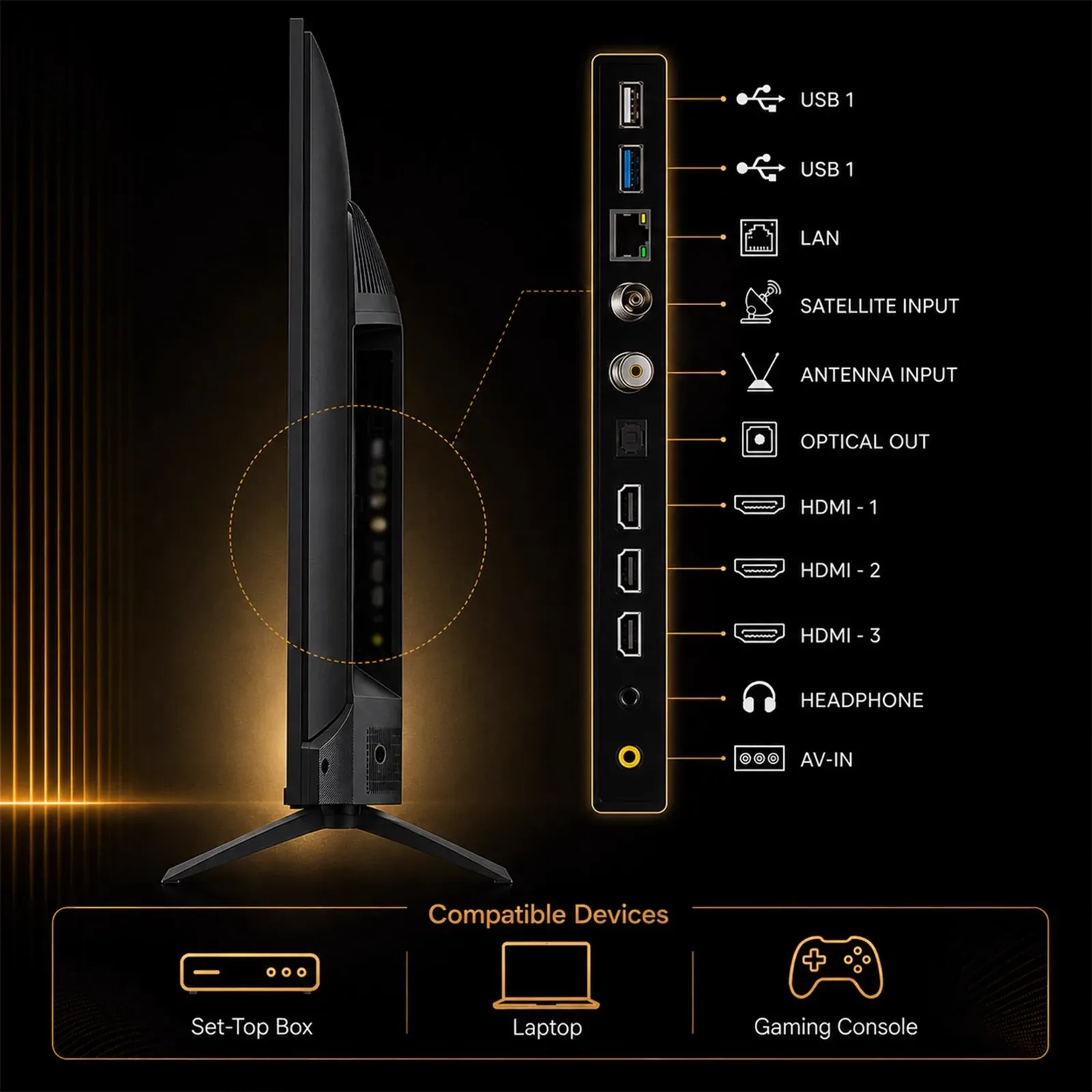 Connectivity ports on Vu Glo MiniLED TV including HDMI USB LAN optical audio and AV input